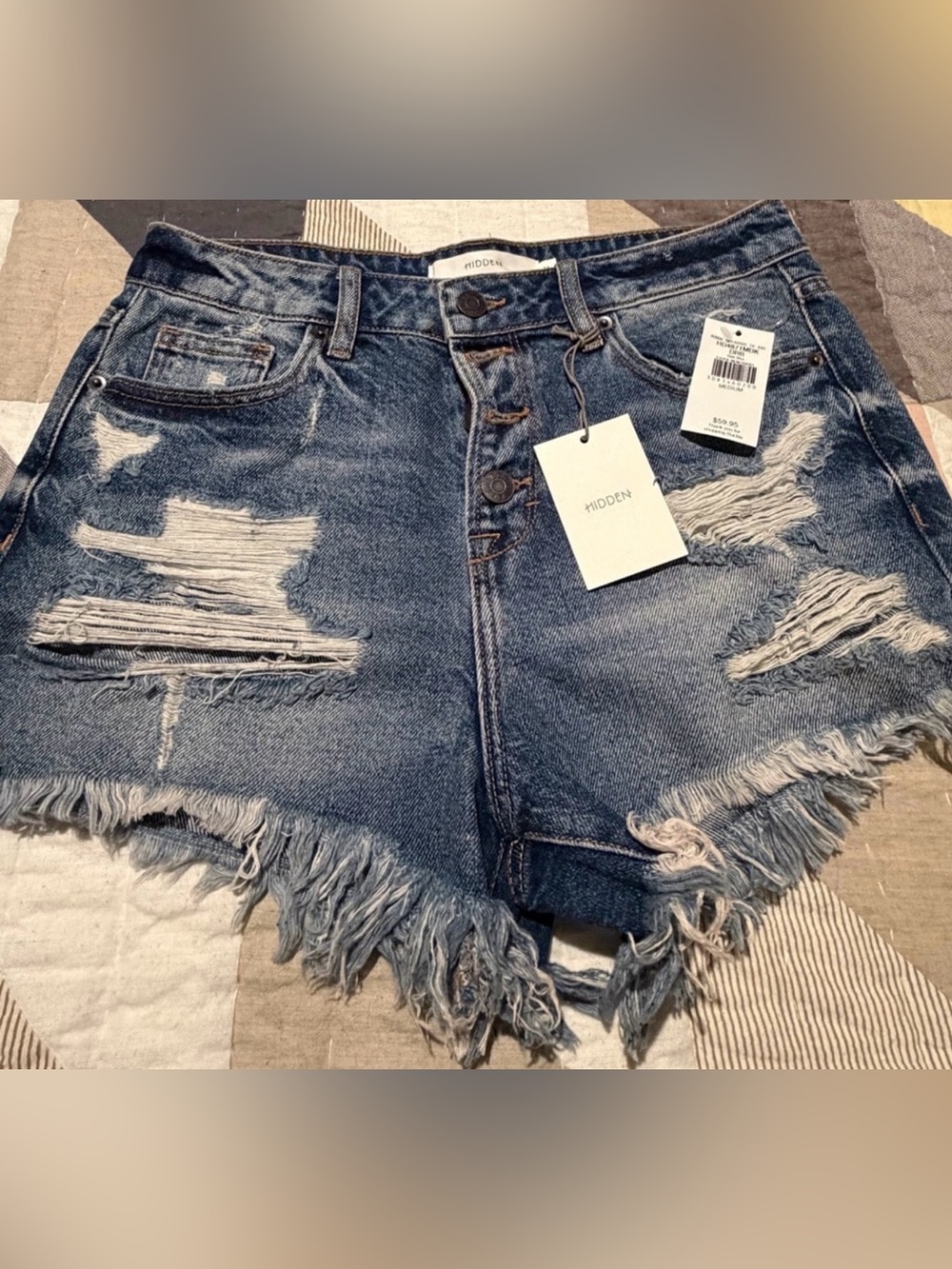 Hidden High-Rise Distressed Frayed Hem Jean Shorts - Blue